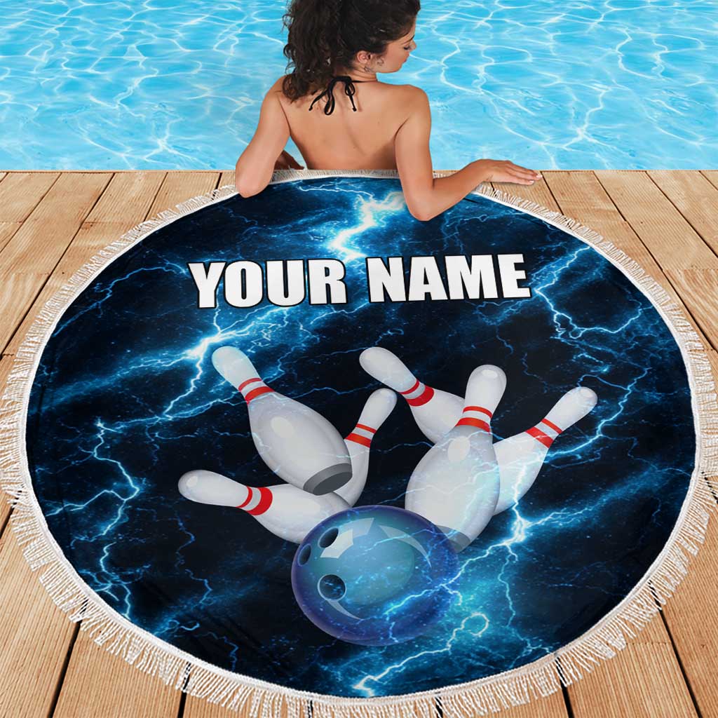 Personalized Bowling Ball Strike Graphic Beach Blanket Blue Lightning Storm and Electric Energy - Wonder Print Shop