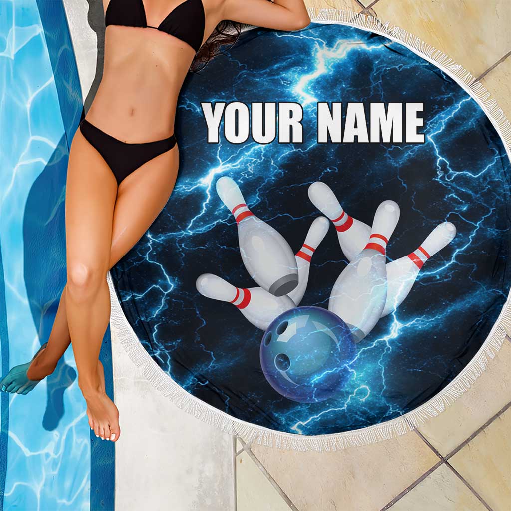 Personalized Bowling Ball Strike Graphic Beach Blanket Blue Lightning Storm and Electric Energy - Wonder Print Shop