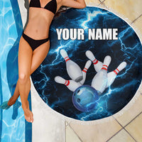 Personalized Bowling Ball Strike Graphic Beach Blanket Blue Lightning Storm and Electric Energy - Wonder Print Shop