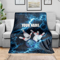 Personalized Bowling Ball Strike Graphic Blanket Blue Lightning Storm and Electric Energy - Wonder Print Shop
