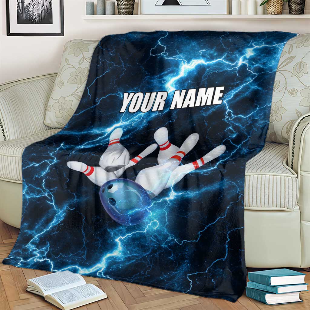 Personalized Bowling Ball Strike Graphic Blanket Blue Lightning Storm and Electric Energy - Wonder Print Shop