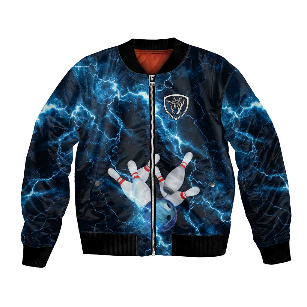 Personalized Bowling Ball Strike Graphic Bomber Jacket Blue Lightning Storm and Electric Energy - Wonder Print Shop