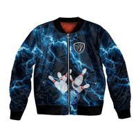 Personalized Bowling Ball Strike Graphic Bomber Jacket Blue Lightning Storm and Electric Energy - Wonder Print Shop