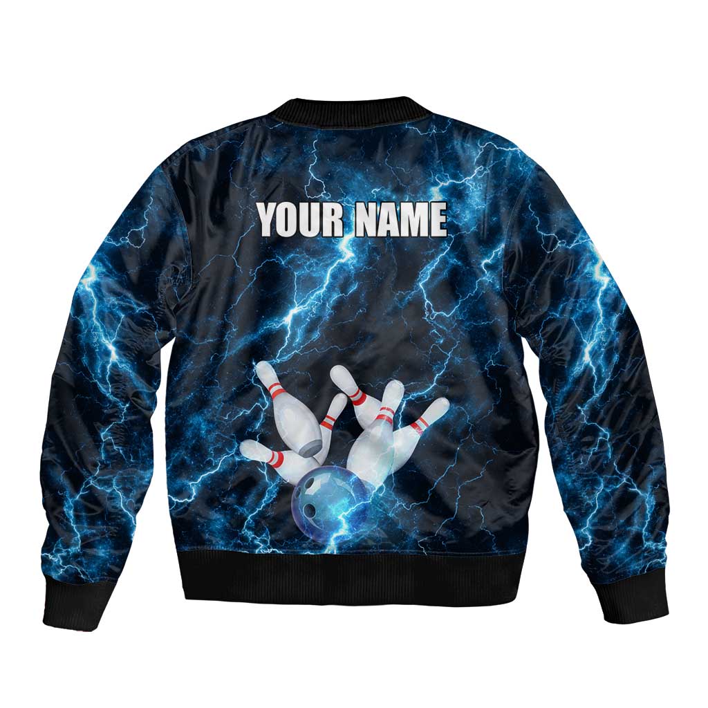 Personalized Bowling Ball Strike Graphic Bomber Jacket Blue Lightning Storm and Electric Energy - Wonder Print Shop