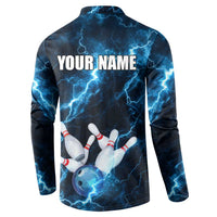 Personalized Bowling Ball Strike Graphic Button Sweatshirt Blue Lightning Storm and Electric Energy - Wonder Print Shop