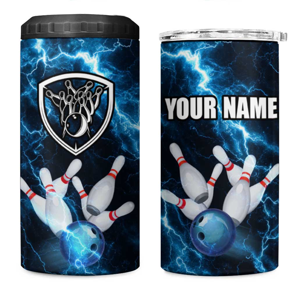 Personalized Bowling Ball Strike Graphic 4 in 1 Can Cooler Tumbler Blue Lightning Storm and Electric Energy - Wonder Print Shop