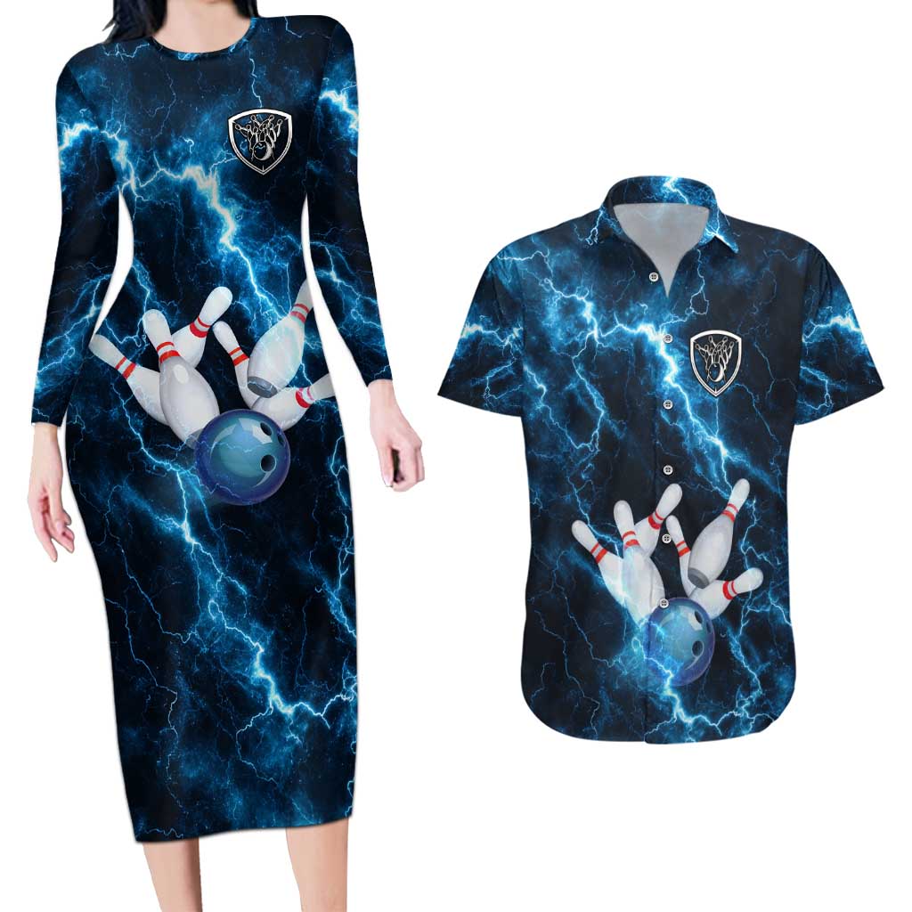 Personalized Bowling Ball Strike Graphic Couples Matching Long Sleeve Bodycon Dress and Hawaiian Shirt Blue Lightning Storm and Electric Energy - Wonder Print Shop