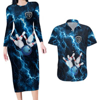 Personalized Bowling Ball Strike Graphic Couples Matching Long Sleeve Bodycon Dress and Hawaiian Shirt Blue Lightning Storm and Electric Energy - Wonder Print Shop