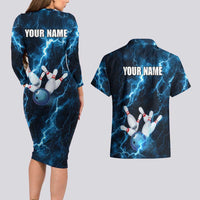 Personalized Bowling Ball Strike Graphic Couples Matching Long Sleeve Bodycon Dress and Hawaiian Shirt Blue Lightning Storm and Electric Energy - Wonder Print Shop