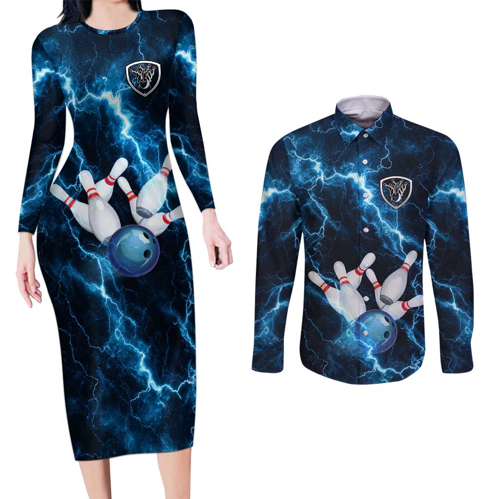 Personalized Bowling Ball Strike Graphic Couples Matching Long Sleeve Bodycon Dress and Long Sleeve Button Shirt Blue Lightning Storm and Electric Energy - Wonder Print Shop