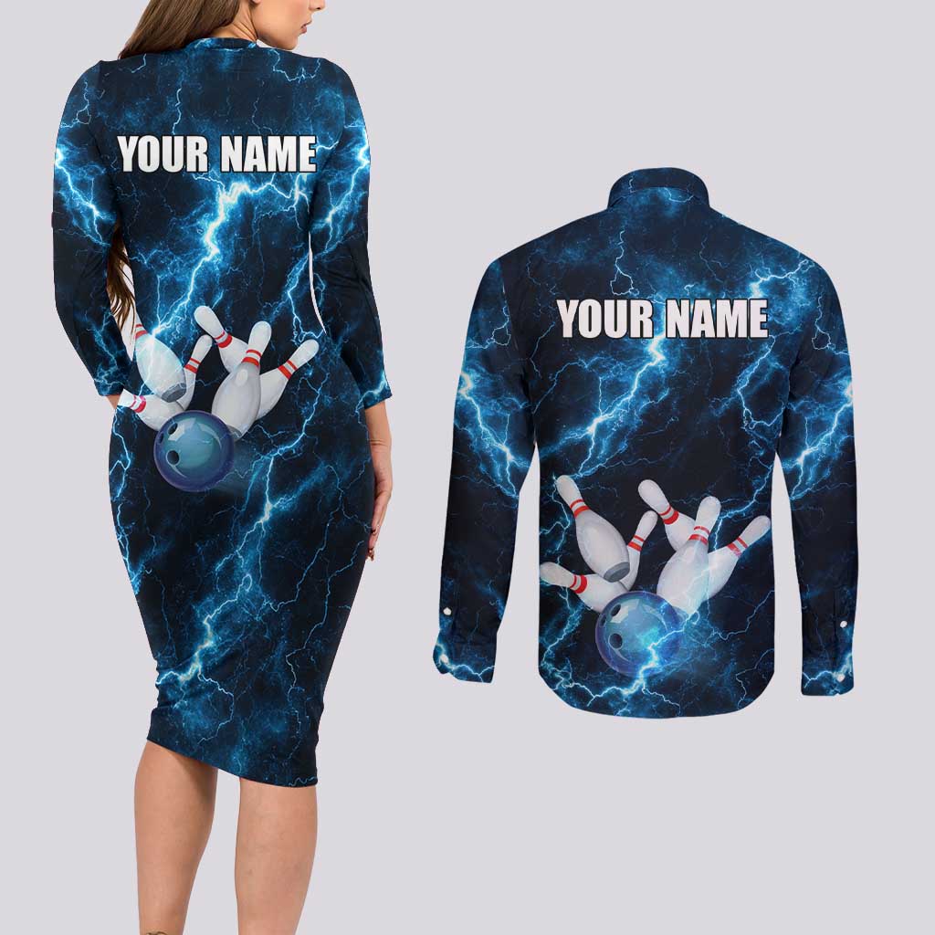 Personalized Bowling Ball Strike Graphic Couples Matching Long Sleeve Bodycon Dress and Long Sleeve Button Shirt Blue Lightning Storm and Electric Energy - Wonder Print Shop