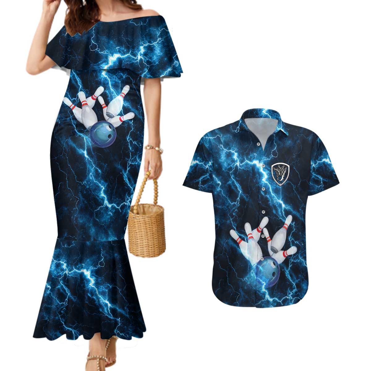 Personalized Bowling Ball Strike Graphic Couples Matching Mermaid Dress and Hawaiian Shirt Blue Lightning Storm and Electric Energy - Wonder Print Shop