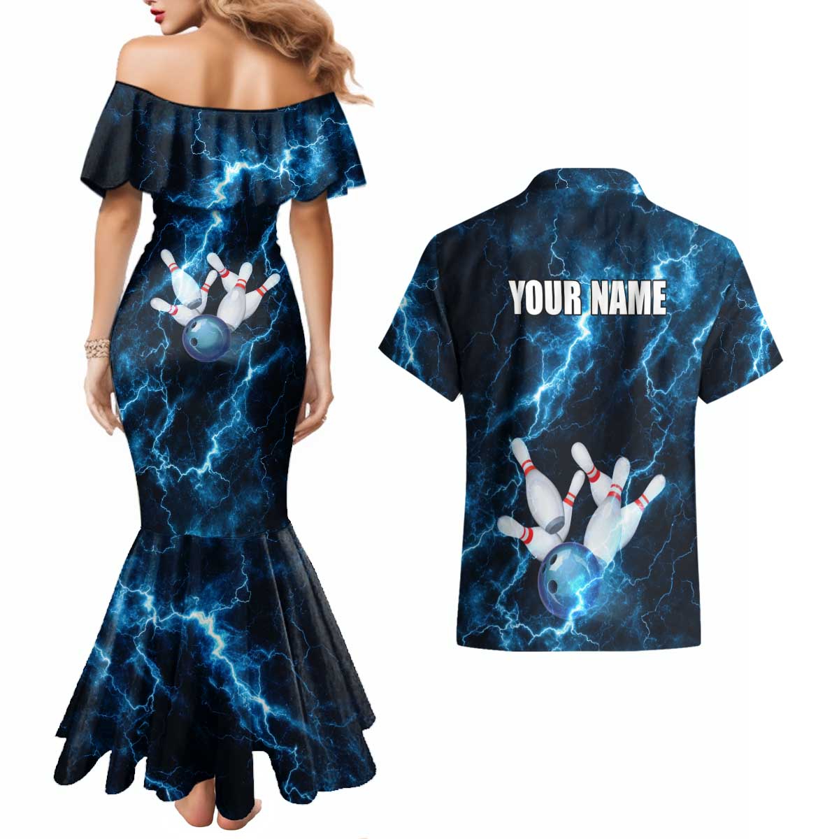 Personalized Bowling Ball Strike Graphic Couples Matching Mermaid Dress and Hawaiian Shirt Blue Lightning Storm and Electric Energy - Wonder Print Shop