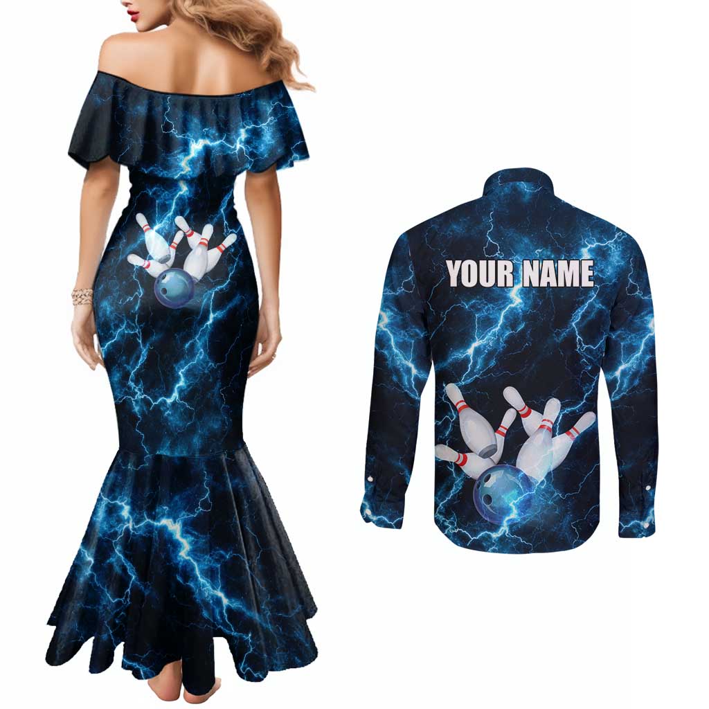 Personalized Bowling Ball Strike Graphic Couples Matching Mermaid Dress and Long Sleeve Button Shirt Blue Lightning Storm and Electric Energy - Wonder Print Shop