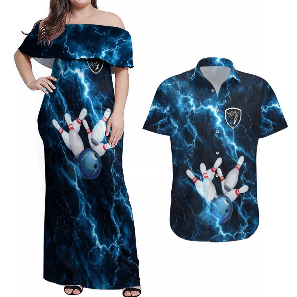 Personalized Bowling Ball Strike Graphic Couples Matching Off Shoulder Maxi Dress and Hawaiian Shirt Blue Lightning Storm and Electric Energy - Wonder Print Shop