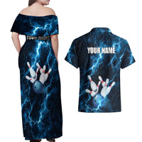 Personalized Bowling Ball Strike Graphic Couples Matching Off Shoulder Maxi Dress and Hawaiian Shirt Blue Lightning Storm and Electric Energy - Wonder Print Shop