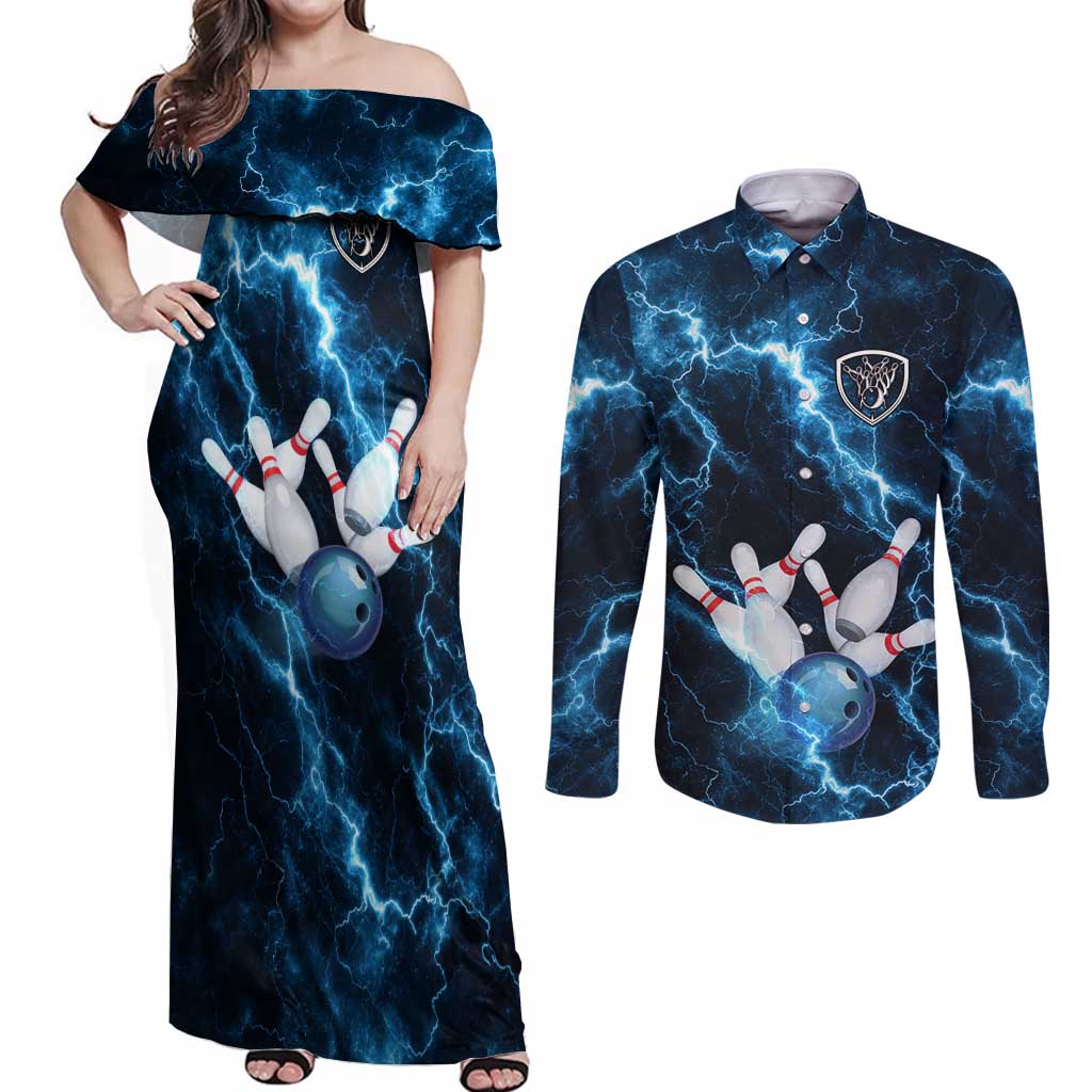 Personalized Bowling Ball Strike Graphic Couples Matching Off Shoulder Maxi Dress and Long Sleeve Button Shirt Blue Lightning Storm and Electric Energy - Wonder Print Shop