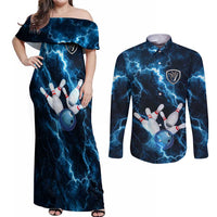 Personalized Bowling Ball Strike Graphic Couples Matching Off Shoulder Maxi Dress and Long Sleeve Button Shirt Blue Lightning Storm and Electric Energy - Wonder Print Shop