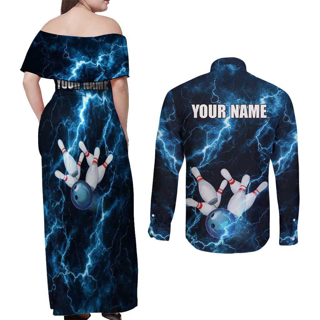 Personalized Bowling Ball Strike Graphic Couples Matching Off Shoulder Maxi Dress and Long Sleeve Button Shirt Blue Lightning Storm and Electric Energy - Wonder Print Shop