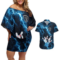 Personalized Bowling Ball Strike Graphic Couples Matching Off Shoulder Short Dress and Hawaiian Shirt Blue Lightning Storm and Electric Energy - Wonder Print Shop