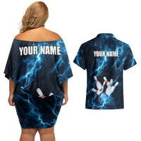 Personalized Bowling Ball Strike Graphic Couples Matching Off Shoulder Short Dress and Hawaiian Shirt Blue Lightning Storm and Electric Energy - Wonder Print Shop