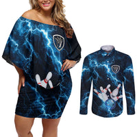 Personalized Bowling Ball Strike Graphic Couples Matching Off Shoulder Short Dress and Long Sleeve Button Shirt Blue Lightning Storm and Electric Energy - Wonder Print Shop