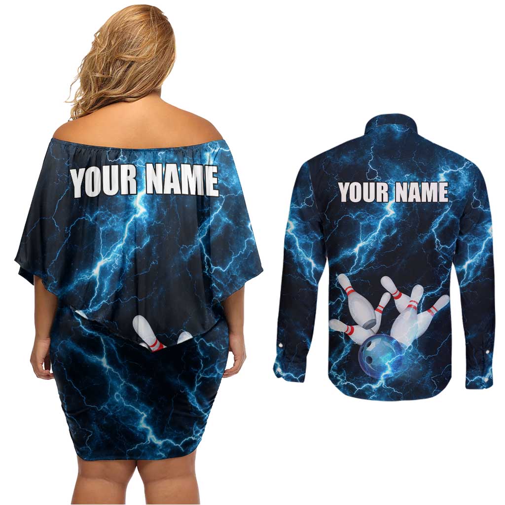Personalized Bowling Ball Strike Graphic Couples Matching Off Shoulder Short Dress and Long Sleeve Button Shirt Blue Lightning Storm and Electric Energy - Wonder Print Shop