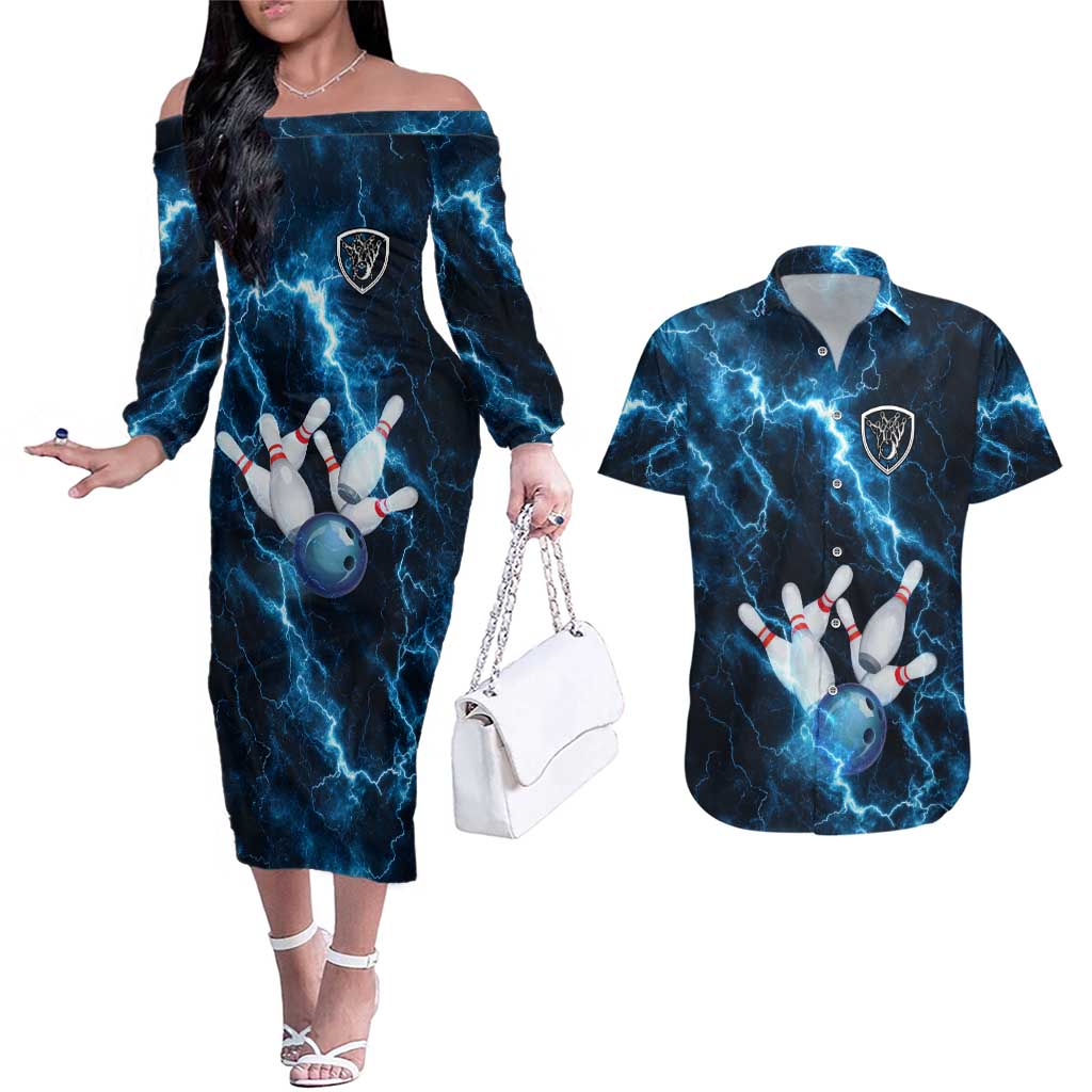 Personalized Bowling Ball Strike Graphic Couples Matching Off The Shoulder Long Sleeve Dress and Hawaiian Shirt Blue Lightning Storm and Electric Energy - Wonder Print Shop