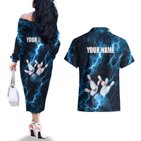 Personalized Bowling Ball Strike Graphic Couples Matching Off The Shoulder Long Sleeve Dress and Hawaiian Shirt Blue Lightning Storm and Electric Energy - Wonder Print Shop