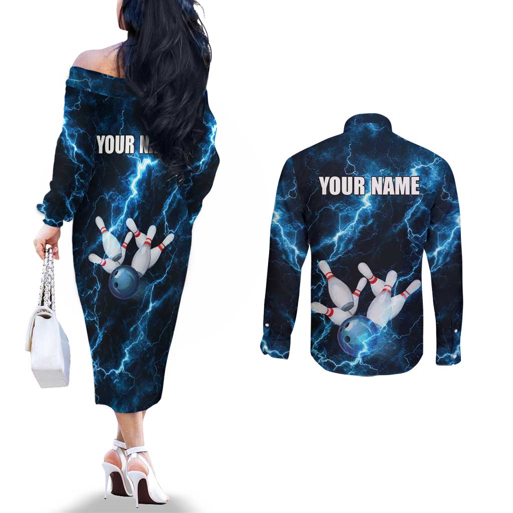 Personalized Bowling Ball Strike Graphic Couples Matching Off The Shoulder Long Sleeve Dress and Long Sleeve Button Shirt Blue Lightning Storm and Electric Energy - Wonder Print Shop