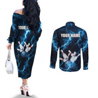 Personalized Bowling Ball Strike Graphic Couples Matching Off The Shoulder Long Sleeve Dress and Long Sleeve Button Shirt Blue Lightning Storm and Electric Energy - Wonder Print Shop