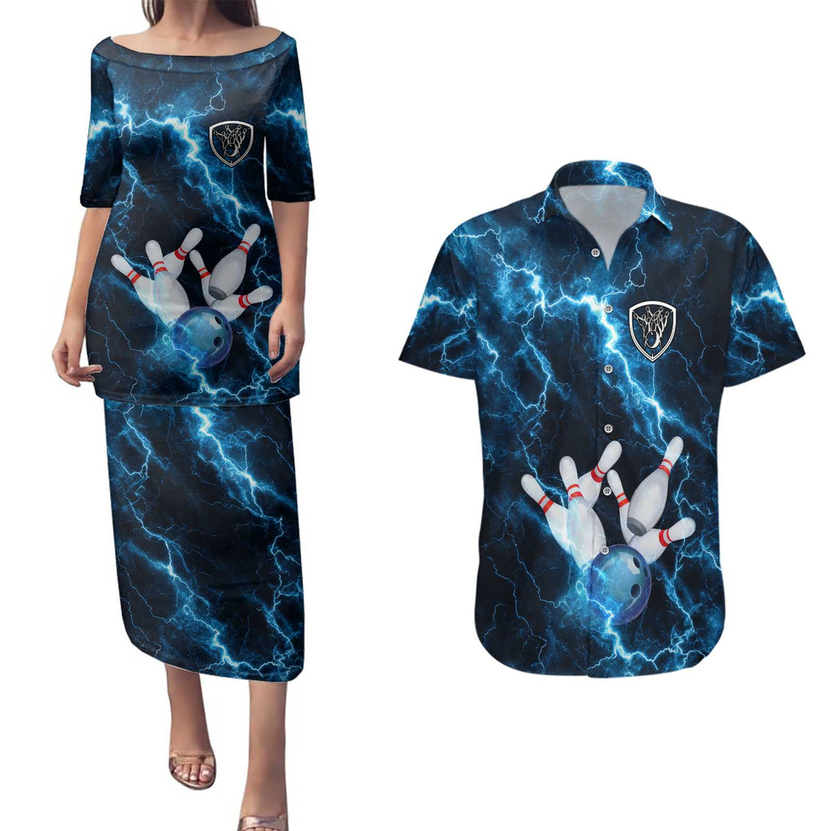 Personalized Bowling Ball Strike Graphic Couples Matching Puletasi and Hawaiian Shirt Blue Lightning Storm and Electric Energy - Wonder Print Shop