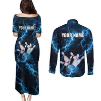 Personalized Bowling Ball Strike Graphic Couples Matching Puletasi and Long Sleeve Button Shirt Blue Lightning Storm and Electric Energy - Wonder Print Shop