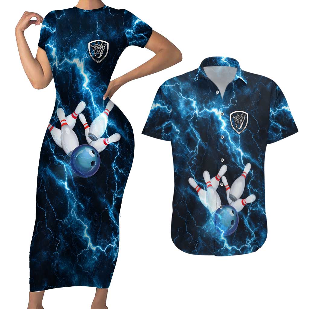 Personalized Bowling Ball Strike Graphic Couples Matching Short Sleeve Bodycon Dress and Hawaiian Shirt Blue Lightning Storm and Electric Energy - Wonder Print Shop