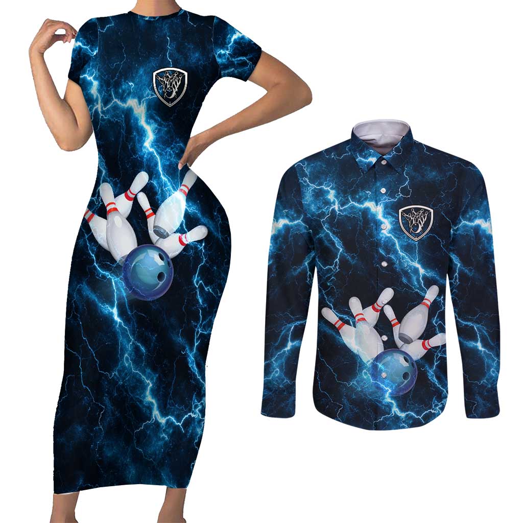 Personalized Bowling Ball Strike Graphic Couples Matching Short Sleeve Bodycon Dress and Long Sleeve Button Shirt Blue Lightning Storm and Electric Energy - Wonder Print Shop