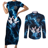 Personalized Bowling Ball Strike Graphic Couples Matching Short Sleeve Bodycon Dress and Long Sleeve Button Shirt Blue Lightning Storm and Electric Energy - Wonder Print Shop