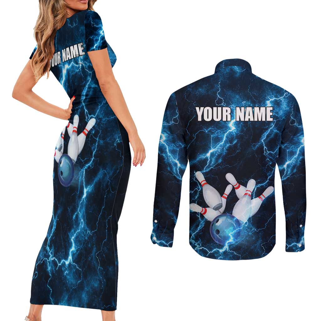 Personalized Bowling Ball Strike Graphic Couples Matching Short Sleeve Bodycon Dress and Long Sleeve Button Shirt Blue Lightning Storm and Electric Energy - Wonder Print Shop