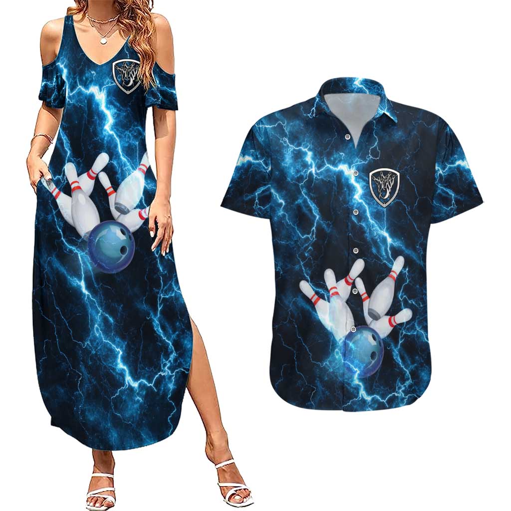 Personalized Bowling Ball Strike Graphic Couples Matching Summer Maxi Dress and Hawaiian Shirt Blue Lightning Storm and Electric Energy - Wonder Print Shop
