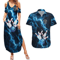 Personalized Bowling Ball Strike Graphic Couples Matching Summer Maxi Dress and Hawaiian Shirt Blue Lightning Storm and Electric Energy - Wonder Print Shop