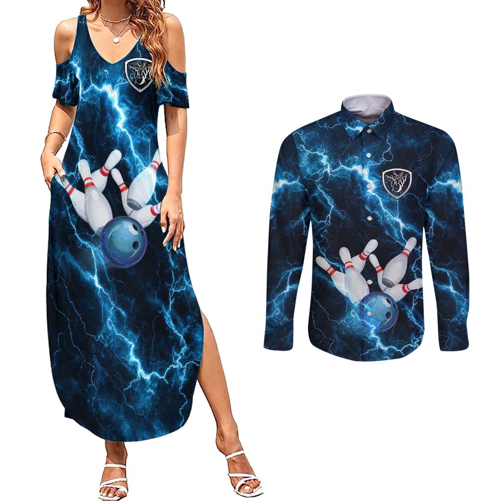 Personalized Bowling Ball Strike Graphic Couples Matching Summer Maxi Dress and Long Sleeve Button Shirt Blue Lightning Storm and Electric Energy - Wonder Print Shop