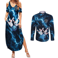 Personalized Bowling Ball Strike Graphic Couples Matching Summer Maxi Dress and Long Sleeve Button Shirt Blue Lightning Storm and Electric Energy - Wonder Print Shop