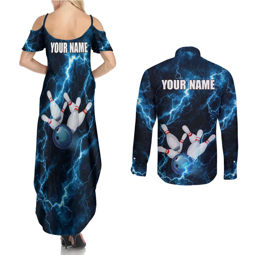 Personalized Bowling Ball Strike Graphic Couples Matching Summer Maxi Dress and Long Sleeve Button Shirt Blue Lightning Storm and Electric Energy - Wonder Print Shop