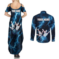 Personalized Bowling Ball Strike Graphic Couples Matching Summer Maxi Dress and Long Sleeve Button Shirt Blue Lightning Storm and Electric Energy - Wonder Print Shop