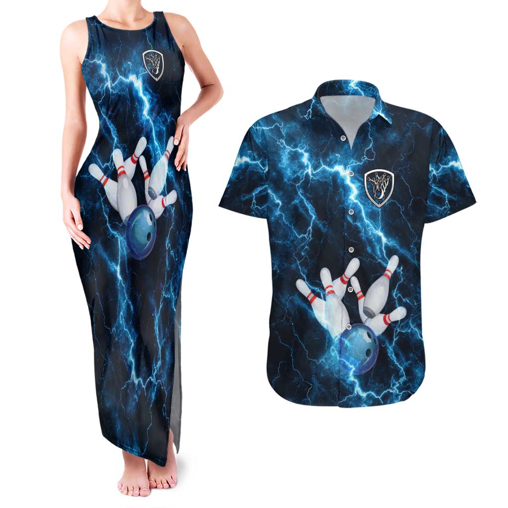 Personalized Bowling Ball Strike Graphic Couples Matching Tank Maxi Dress and Hawaiian Shirt Blue Lightning Storm and Electric Energy - Wonder Print Shop
