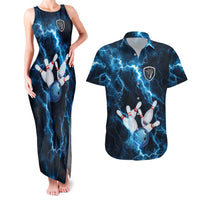 Personalized Bowling Ball Strike Graphic Couples Matching Tank Maxi Dress and Hawaiian Shirt Blue Lightning Storm and Electric Energy - Wonder Print Shop
