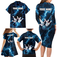 Personalized Bowling Ball Strike Graphic Family Matching Long Sleeve Bodycon Dress and Hawaiian Shirt Blue Lightning Storm and Electric Energy - Wonder Print Shop