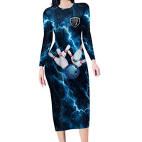 Personalized Bowling Ball Strike Graphic Family Matching Long Sleeve Bodycon Dress and Hawaiian Shirt Blue Lightning Storm and Electric Energy - Wonder Print Shop