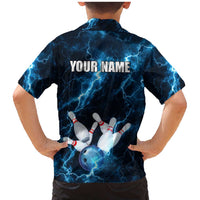 Personalized Bowling Ball Strike Graphic Family Matching Mermaid Dress and Hawaiian Shirt Blue Lightning Storm and Electric Energy - Wonder Print Shop