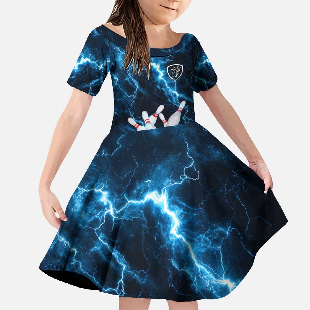 Personalized Bowling Ball Strike Graphic Family Matching Mermaid Dress and Hawaiian Shirt Blue Lightning Storm and Electric Energy - Wonder Print Shop