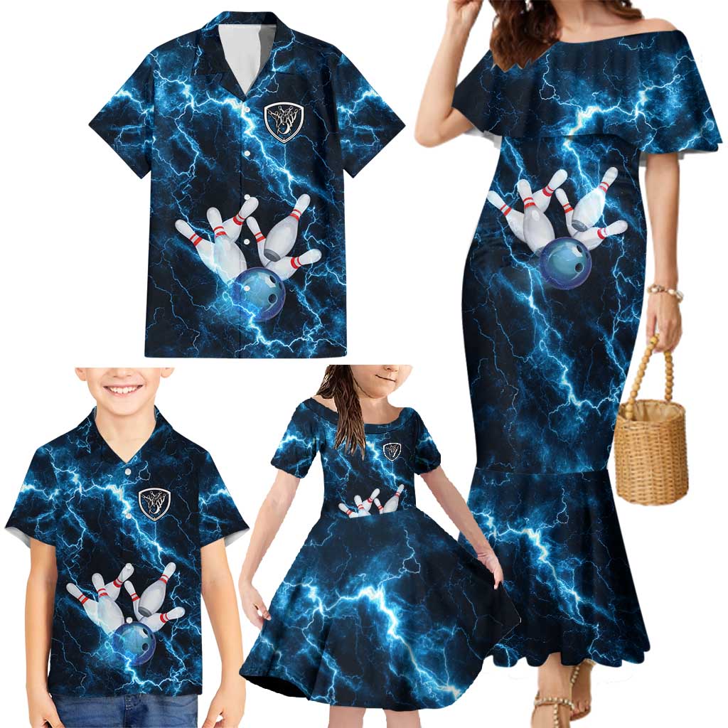 Personalized Bowling Ball Strike Graphic Family Matching Mermaid Dress and Hawaiian Shirt Blue Lightning Storm and Electric Energy - Wonder Print Shop